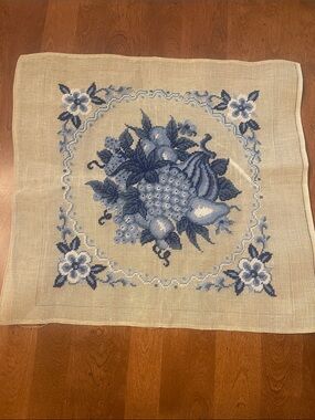 Vintage Needlepoint Canvas Tapestry pineapple and fruits blue white Rare